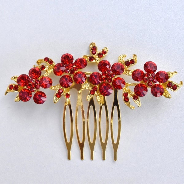 Small Red + Gold Pearl/Diamante Flower Chinese Wedding Hair Comb/Hair Accessory/Hair Pin - MILLIE