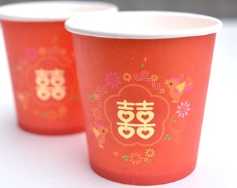 Red Lovebirds Double Happiness Paper Tea Cups - For Tea Ceremony