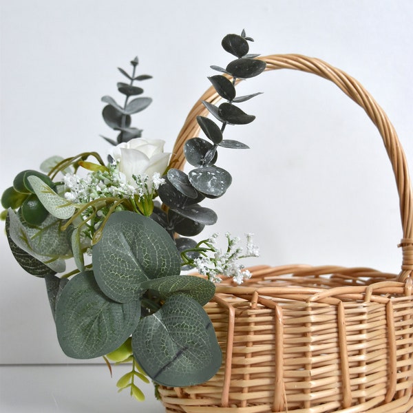 Rustic Wicker Flower Girl Basket With Eucalyptus + White Rose