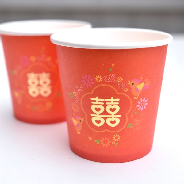 Red Lovebirds Double Happiness Paper Tea Cups - For Tea Ceremony