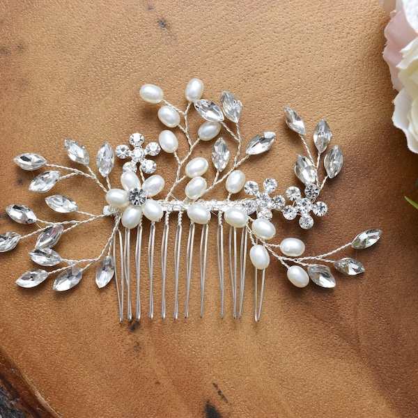 Bridal Silver Crystal Rhinestone Pearl Flower + Jewel Droplet Wedding Hair Comb/Hair Accessory/Hair Pin - LILY