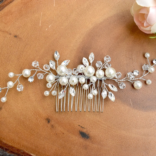 Bridal Silver Crystal Rhinestone Pearl + Jewel Droplet Wedding Hair Comb/Hair Accessory - CHLOE