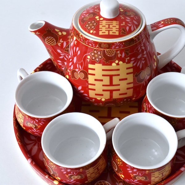 Lotus Seed Chinese Wedding Double Happiness Tea Set/Tea Pot/Tea Cups - For Tea Ceremony