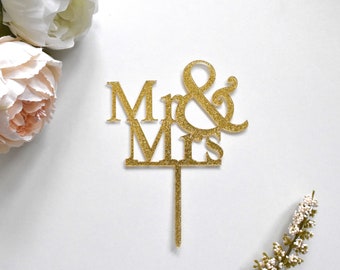 Gold Glitter Mr + Mrs Wedding Cake Topper