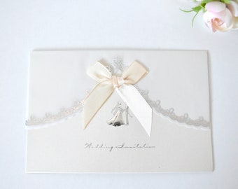 Pearlescent Ivory + Silver Wedding Invitation/Invites - Bride Groom Design