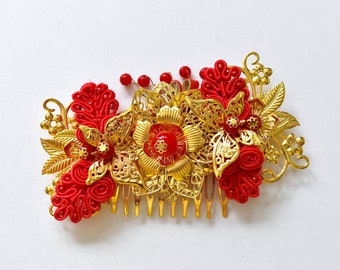 Red + Gold Chinese Wedding Bridal Hair Comb/Hair Piece/Hair Accessory - ELIZABETH