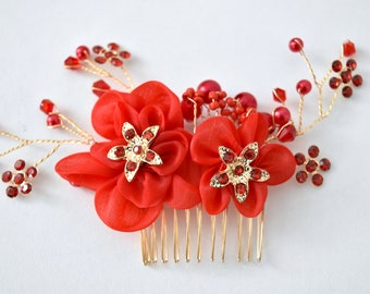 Red + Gold Flower Rhinestone/Pearl Chinese Wedding Hair Comb/Hair Accessory/Hair Pin - RUBY