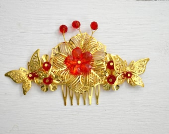 Red + Gold Chinese Wedding Flower + Butterfly Bridal Hair Comb/Hair Piece/Hair Accessory - DAISY