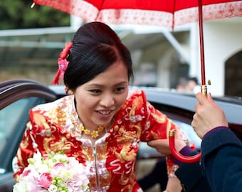 Red Satin + Lace Chinese Wedding Umbrella - For Tea Ceremony