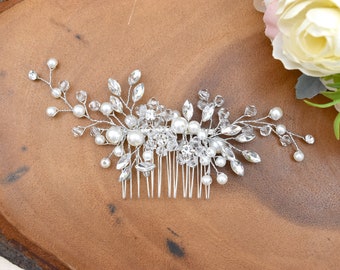 Bridal Silver Crystal Rhinestone Pearl + Jewel Droplet Wedding Hair Comb/Hair Accessory/Hair Pin - RACHEL