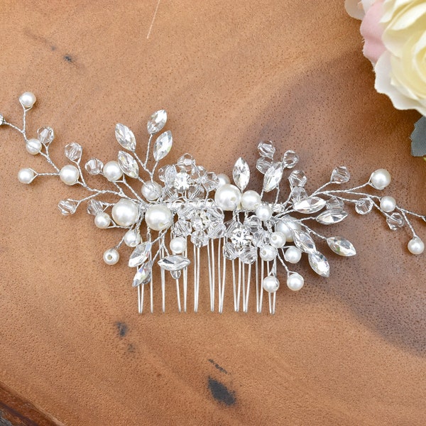 Bridal Silver Crystal Rhinestone Pearl + Jewel Droplet Wedding Hair Comb/Hair Accessory/Hair Pin - RACHEL