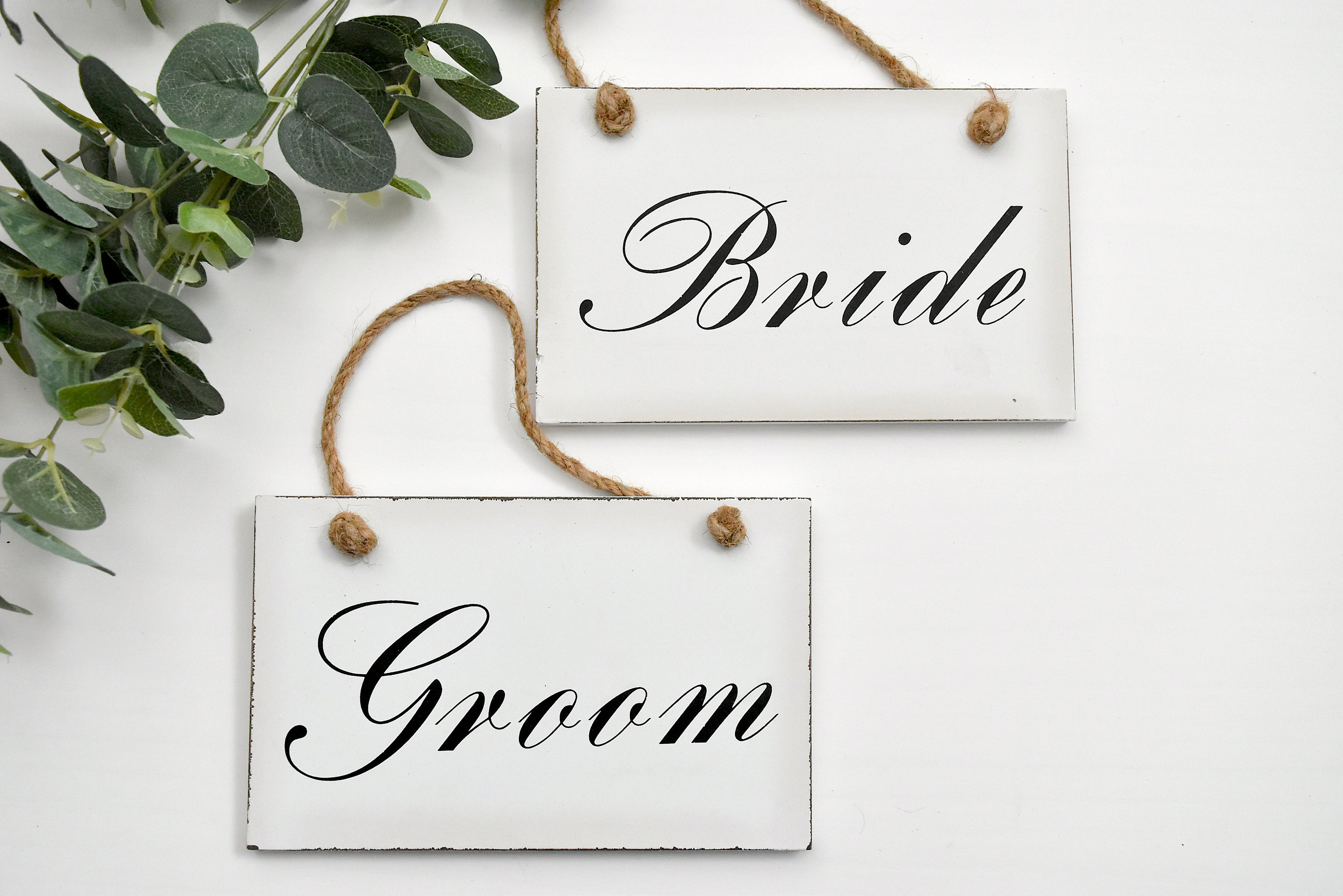 Rustic Wooden Bride and Groom Wedding Hanging Plaque/Sign in Chalky Wood