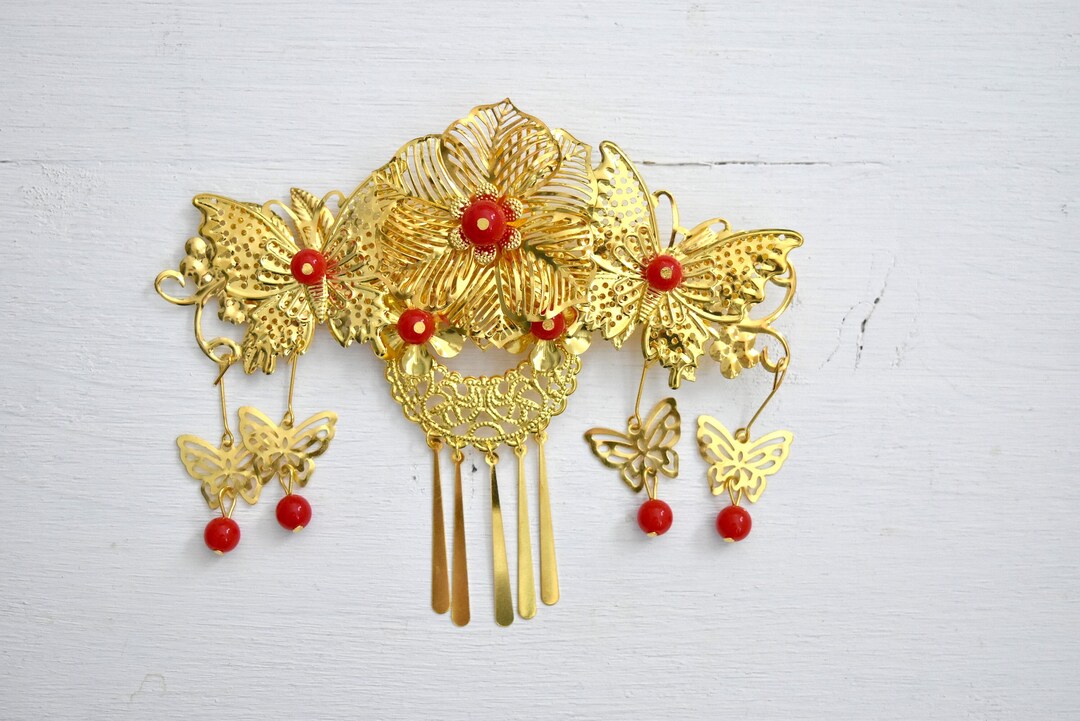 Wedding Gold Butterfly Red flower Hair Accessories Amazon.com: Wedding Headpiece Red Flower Gold Butterfly  main image 4