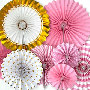 Gold and Pink Paper Fan Pinwheel Decorations - SET A