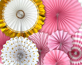 Gold and Pink Paper Fan Pinwheel Decorations - SET A