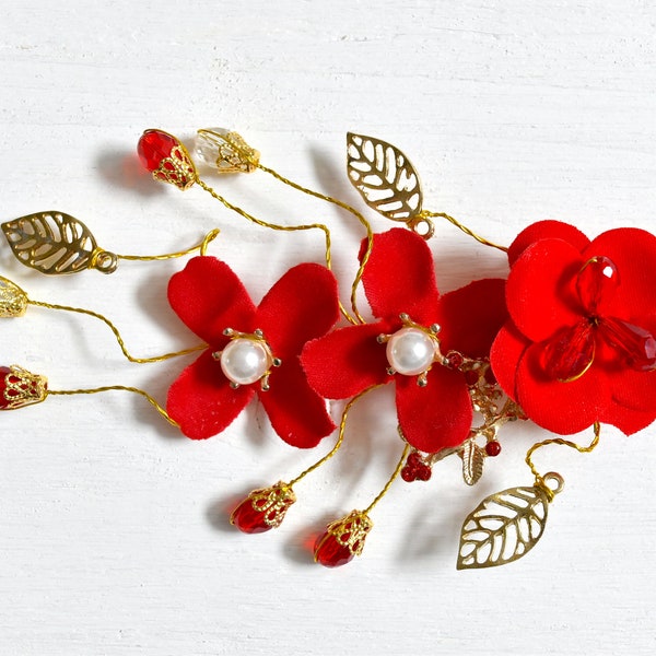 Red + Gold Flower Rhinestone/Pearl/Leaf Chinese Wedding Hair Comb/Hair Accessory/Hair Pin - AMY