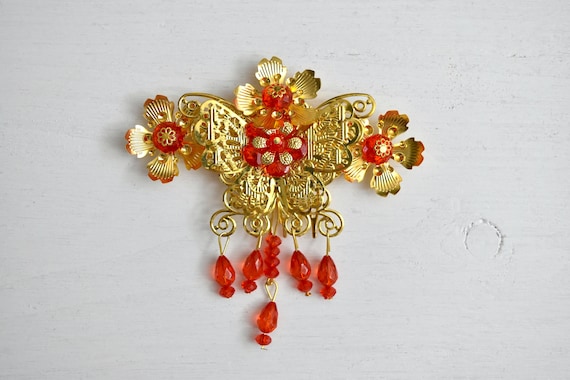 Red + Gold Chinese Wedding Butterfly Bridal Hair Pin/hair  display picture 3