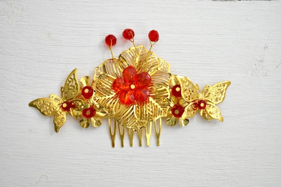 Wedding Gold Butterfly Red flower Hair Accessories Amazon.com: Wedding Headpiece Red Flower Gold Butterfly  main image 2