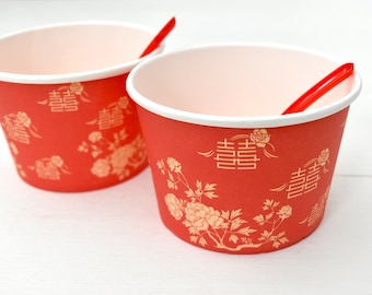 Peony Print Double Happiness Paper Bowl and Spoon - For Hair Ceremony