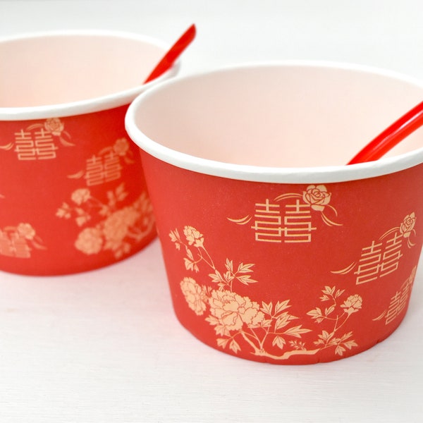 Peony Print Double Happiness Paper Bowl and Spoon - For Hair Ceremony