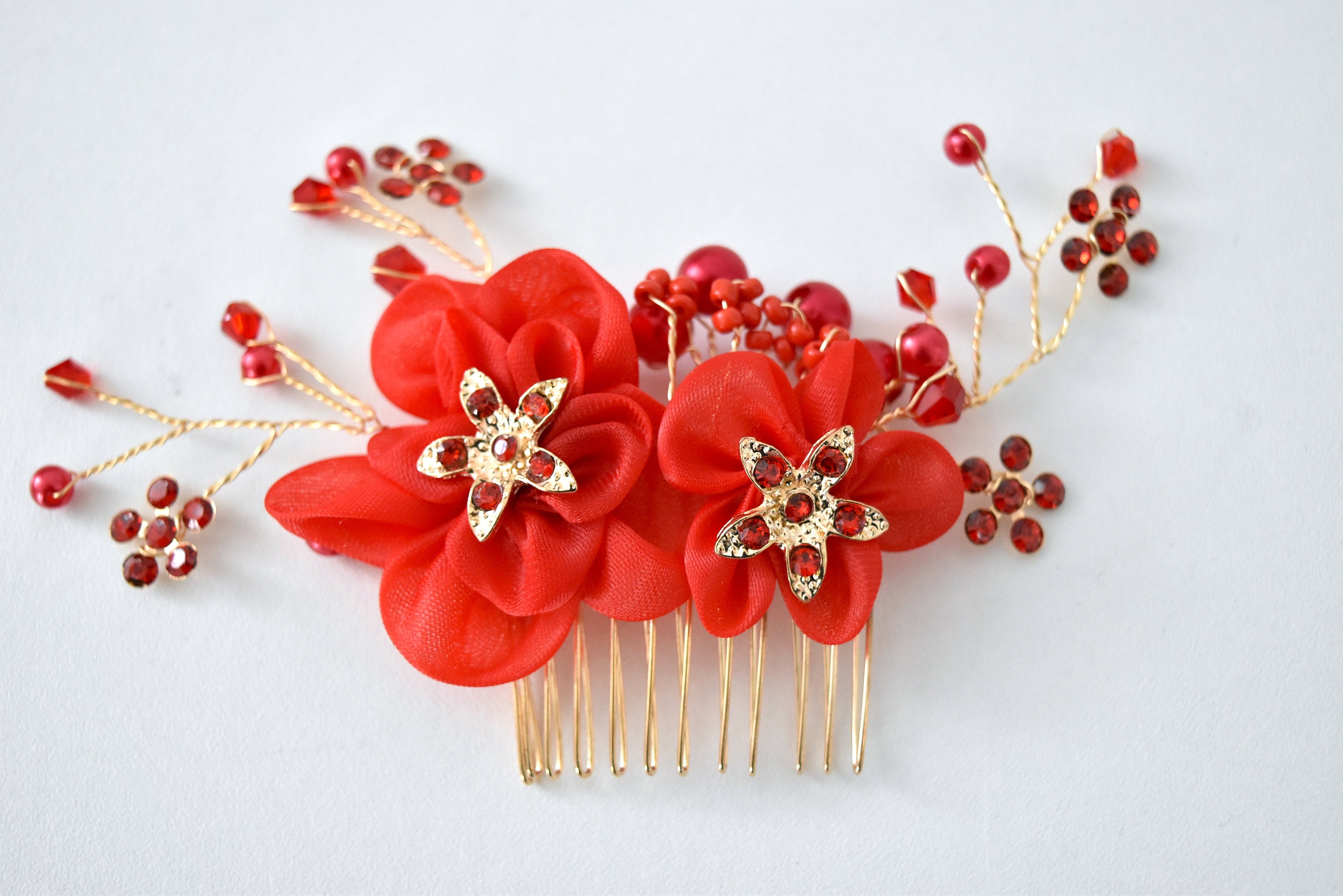 Red + Gold Flower Rhinestone/pearl Chinese Wedding Hair Comb  display picture 1