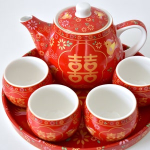 Love Birds Chinese Wedding Double Happiness Tea Set/Tea Pot/Tea Cups - For Tea Ceremony