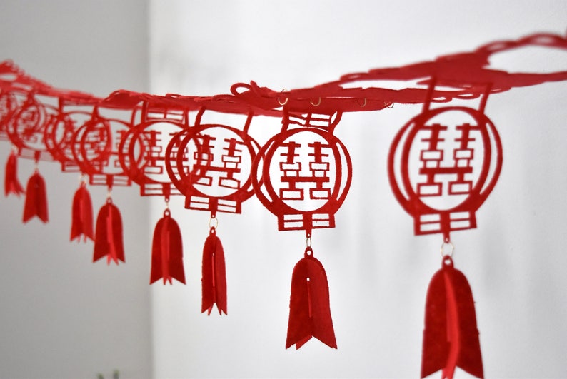 Red Double Happiness Felt Chinese Wedding Lantern Garland/Poster 3 Metres image 2