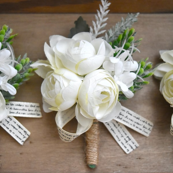 Ramillete rústico para novio/hombres, boda, flor de peonía marfil, ojal en el ojal