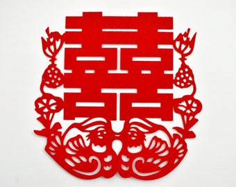 Red Double Happiness Felt Wedding Poster/Sticker with Mandarin Ducks + Lotus Flower Design