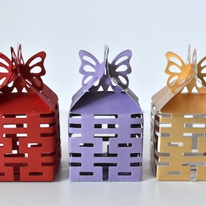 4 Sided Double Happiness Chinese Wedding Favour Box with Butterfly Fastening - Red/Lilac/Gold