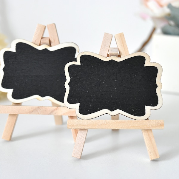 Mini Wedding Scallop Edge Chalkboard Easel Stands, White or Natural, Name Place Card/Table Numbers/Dessert Bar