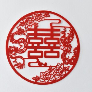 Rotes doppeltes Glück Filzhochzeitsposter/Aufkleber mit Drachen, Phoenix, Lotusblumen Design