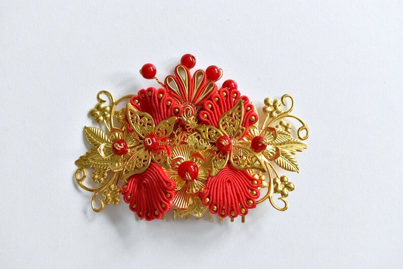 Red Gold Chinese Wedding Bridal Hair Comb Hair Piece Hair Etsy
