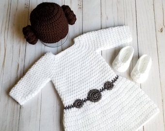 Crochet Princess Dress, Princess Leia Dress, Princess Dress, Photo Prop Baby Set, Princess Leia, Princess Leia Costume, Star Wars Nursery