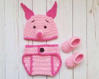 Crochet Piglet Baby Set, Piglet Hat, Piglet Baby Set, Crochet Piglet Hat, Photo Prop Baby Set, Piglet Costume, Winnie the Pooh Piglet