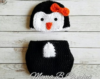 Crochet Penguin Baby Set, Girl Penguin Baby Set, Penguin Baby Set, Penguin Hat, Penguin Diaper Cover, Penguin Photo Prop Set