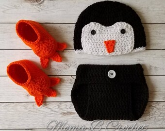 Crochet Penguin Baby Set, Boy Penguin Baby Set, Penguin Baby Set, Penguin Hat, Penguin Diaper Cover, Penguin Photo Prop Set,Crochet Baby Set