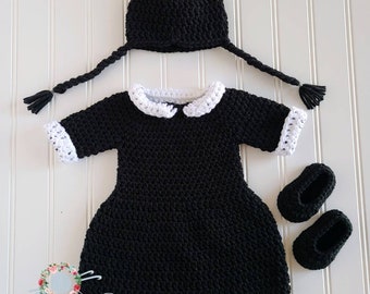 Crochet Wednesday Costume, Wednesday Baby Dress, Addams Family Wednesday Costume, Photo Prop Baby Set, Wednesday Costume
