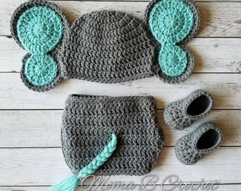 Crochet Elephant Baby Set, Elephant Hat, Elephant Baby Set,  Elephant Photo Prop Set, Photo Prop Set, Elephant Costume, Elephant Nursery