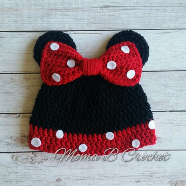 Crochet Minnie Mouse Hat, Minnie Mouse Hat, Popular Mouse Hat, Minnie Mouse Baby Hat, Minnie Mouse Toddler Hat, Crochet Minnie Mouse Ears