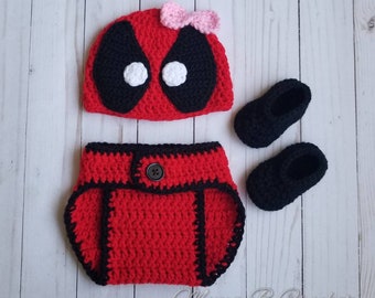 Crochet Deadpool Baby Set, Deadpool Baby Set, Deadpool Hat, Deadpool Photo Prop Set, Baby Photo Prop Set, Deadpool Costume, Girl Deadpool