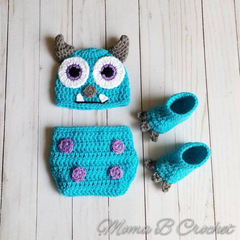 Crochet Monster Baby Set, Crochet Baby Set, Photo Prop Baby Set, Monster Costume, Sully Baby Set, Monsters Inc Sully, Monster BabyShower image 1