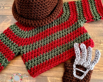 Crochet Freddy Krueger Baby Set, Freddy Krueger, Nightmare on Elm Street, Horror Baby Costume