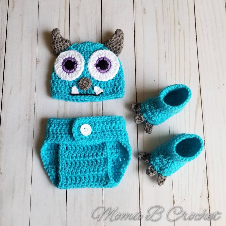 Crochet Monster Baby Set, Crochet Baby Set, Photo Prop Baby Set, Monster Costume, Sully Baby Set, Monsters Inc Sully, Monster BabyShower image 2