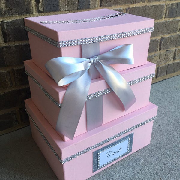 Blush Pink & Silver Card Box Centerpiece, 3 Tier Wedding, Shower, or Birthday Card Holder