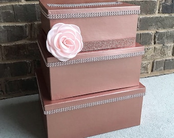 Rose Gold & Blush Pink Card Box Centerpiece, 3 Tier Wedding, Shower, or Birthday Card Holder