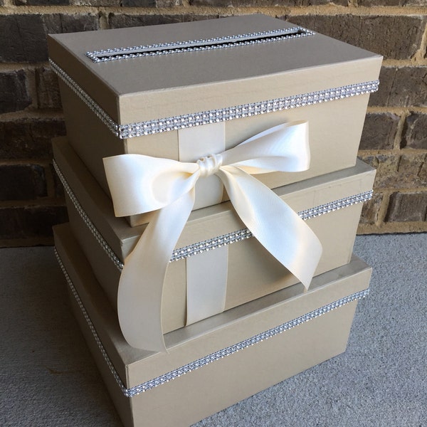 Champagne and Ivory Card Box Centerpiece, 3 Tier Wedding, Shower, or Birthday Card Holder