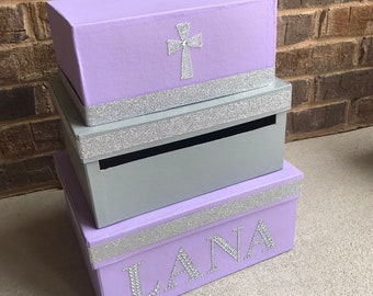 Baptism Card Box Centerpiece (Mid-Size) - 3 Tier Purple, Lavender, and Gold Card Holder