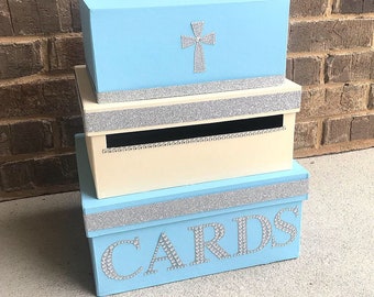 Baptism Card Box Centerpiece (Mid-Size) - 3 Tier Blue and Ivory Card Holder