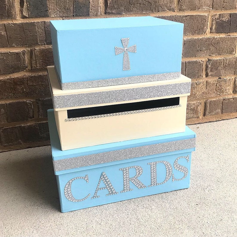 Baptism Card Box Centerpiece MidSize 3 Tier Blue and Etsy
